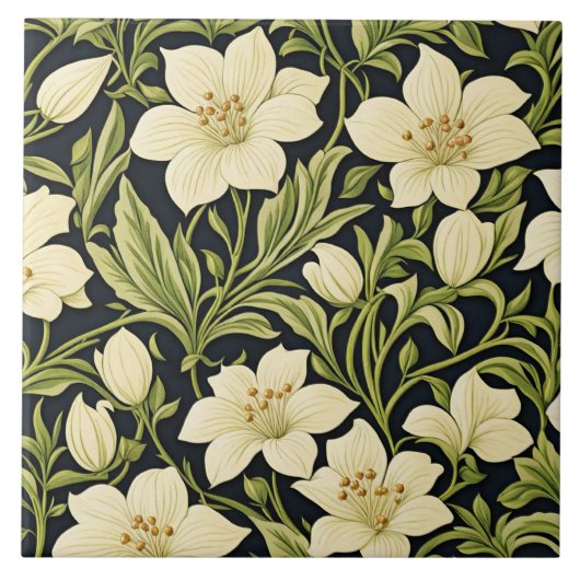Antikes Blumenmuster, Elfenbeinweiß und Grün, Fliese (Vorderseite)