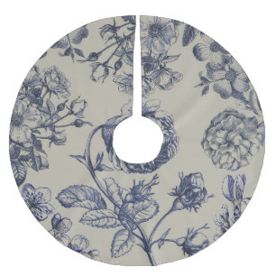 Antikes Blumenmuster im Stil von Blue Toile mit bo Polyester Weihnachtsbaumdecke
