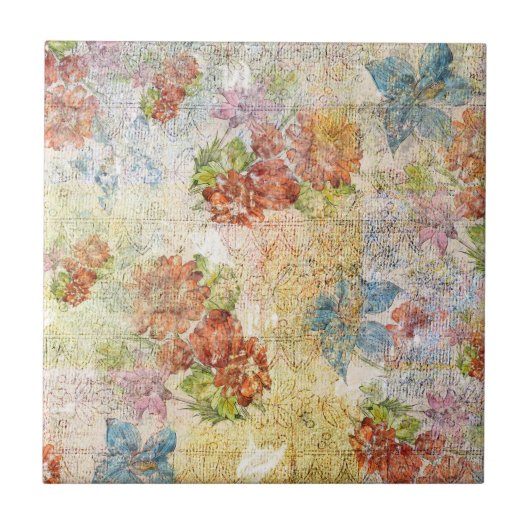 Antikes Blumenmuster mit Gebrauchsspuren Fliese (Vorderseite)