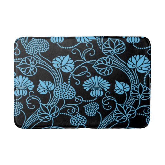 Antikes Blumenmuster Schwarz auf blau Badematte (Vorderseite)