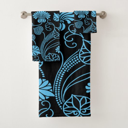 Antikes Blumenmuster Schwarz auf blau Badhandtuch Set (Insitu)