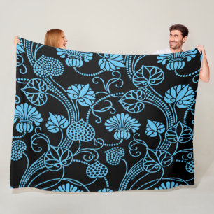 Antikes Blumenmuster Schwarz auf Blau Fleece-Decke Fleecedecke