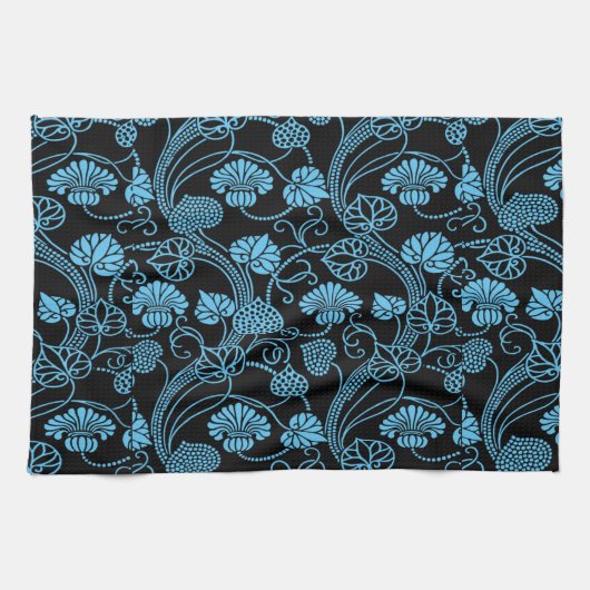 Antikes Blumenmuster Schwarz auf blau Geschirrtuch (Horizontal)