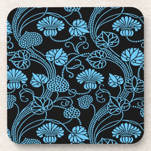 Antikes Blumenmuster Schwarz auf blau Getränkeuntersetzer (Vorderseite)