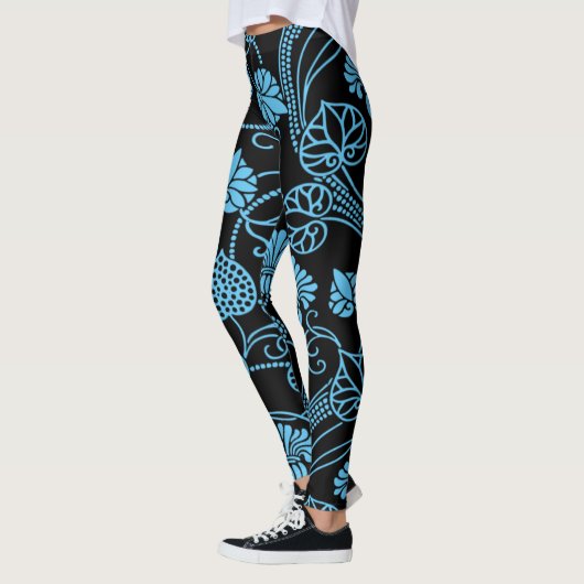Antikes Blumenmuster Schwarz auf blau Leggings (Links)