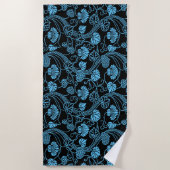 Antikes Blumenmuster Schwarz auf blau Strandtuch (Vorderseite)