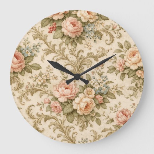 Antikes Blumenmuster Tapete Große Wanduhr (Vorderseite)