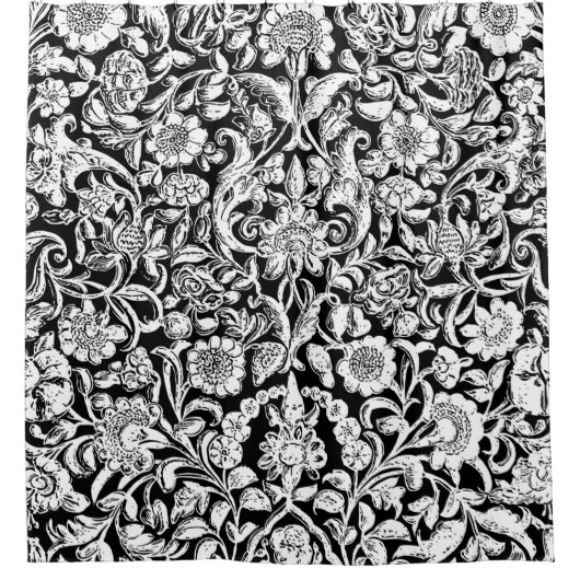 Antikes Blumenweiß in Schwarz Duschvorhang (Vorderseite)