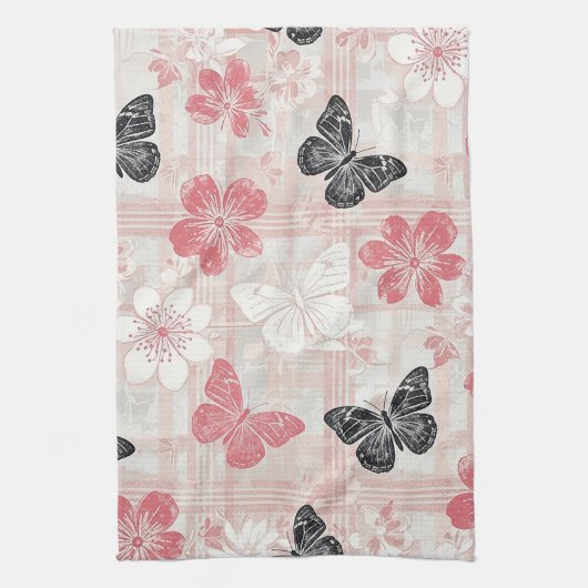 Antikes botanisches Schmetterlings-Toile-Muster (3 Geschirrtuch (Vertikal)