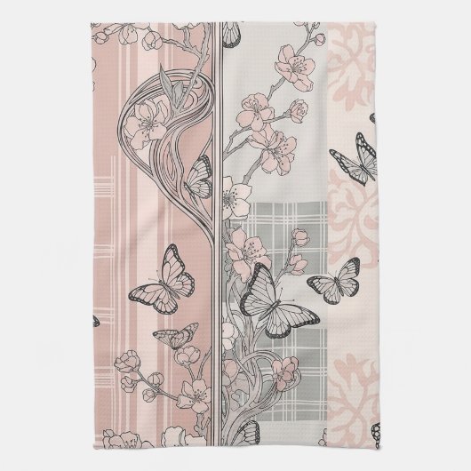 Antikes botanisches Schmetterlings-Toile-Muster (4 Geschirrtuch (Vertikal)