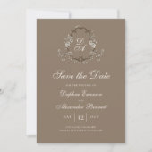 Antikes Braun Florales Foto mit Monogramm Save The Date (Vorderseite)