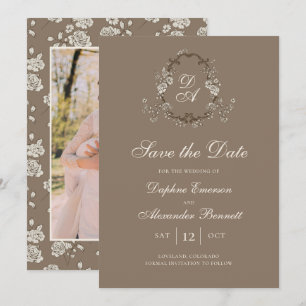 Antikes Braun Florales Foto mit Monogramm Save The Date