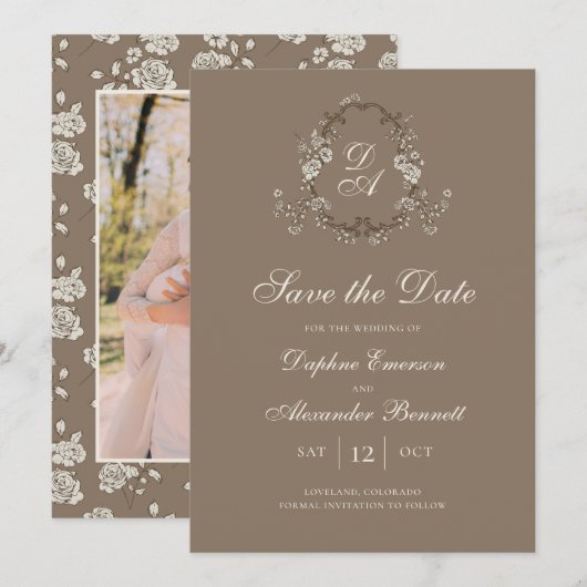 Antikes Braun Florales Foto mit Monogramm Save The Date (Vorne/Hinten)