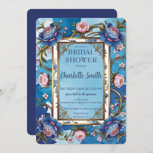 Antikes Brautparty aus Blauer und Rosa Pinker Einladung (Vorne/Hinten)