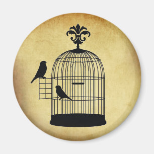 antikes Briefmarkenmotiv mit Vogelkäfig. Magnet