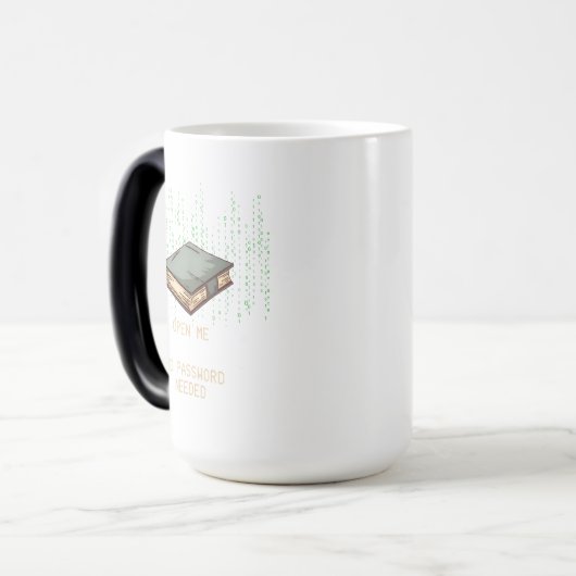 Antikes Buch mit binärem Code-Angebot für Tech Gee Verwandlungstasse (Vorderseite Links)