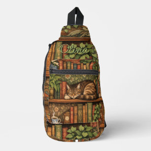 Antikes Bücherregal mit Katze und Kaffee Crossbody Bag