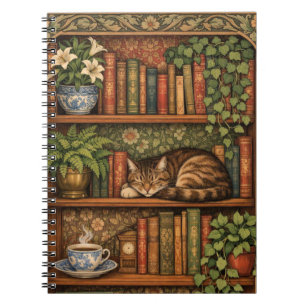 Antikes Bücherregal mit Katze und Kaffee Notizblock