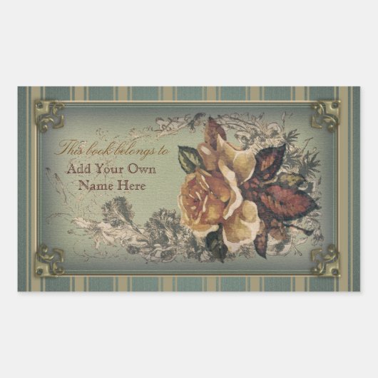 Antikes Buchzeichen Rose (blau) Rechteckiger Aufkleber (Vorderseite)