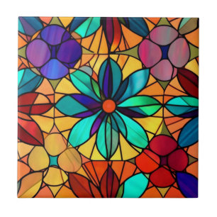 Antikes Buntglas Florales Blaue Blume Fliese
