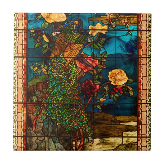 Antikes Buntglas mit Pfauen und Blumen Fliese (Vorderseite)