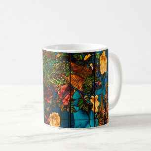 Antikes Buntglas mit Pfauen und Blumen Kaffeetasse