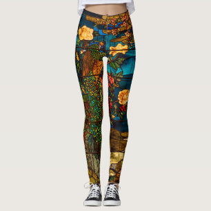 Antikes Buntglas mit Pfauen und Blumen Leggings