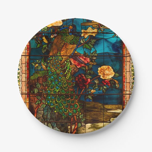 Antikes Buntglas mit Pfauen und Blumen Pappteller (Vorderseite)