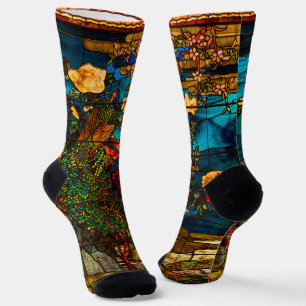 Antikes Buntglas mit Pfauen und Blumen Socken