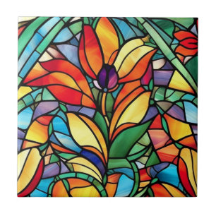 Antikes Buntglas Orange Lila Blume Fliese