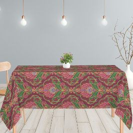 Antikes Burgund, grünes und goldenes Blumenmuster Tischdecke