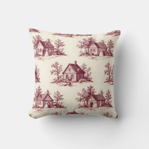 Antikes Burgunder-Toile-Dorfmuster Kissen