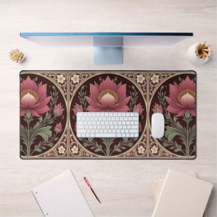 Antikes burgunderrot und goldene Art Nouveau Blume Schreibtischunterlage