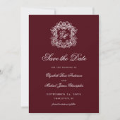 Antikes burgunderrotes Wappen-Monogramm Hochzeitsf Save The Date (Vorderseite)