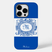 Antikes Cartouche Monogram Design Blau Case-Mate iPhone Hülle (Rückseite)