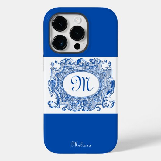 Antikes Cartouche Monogram Design Blau Case-Mate iPhone Hülle (Rückseite)