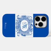 Antikes Cartouche Monogram Design Blau Case-Mate iPhone Hülle (Rückseite (Horizontal))