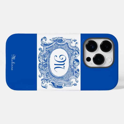 Antikes Cartouche Monogram Design Blau Case-Mate iPhone Hülle (Rückseite (Horizontal))