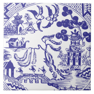 Antikes China-Muster Blue Willow im Vintage-Stil Fliese