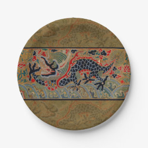 Antikes chinesisches Drache Seidenstickerei-Muster Pappteller