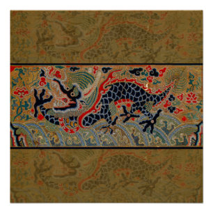 Antikes chinesisches Drache Seidenstickerei-Muster Poster