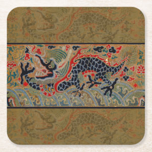 Antikes chinesisches Drache Seidenstickerei-Muster Rechteckiger Pappuntersetzer