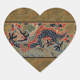 Antikes chinesisches Drachen-Seidenstickereimuster Herz-Aufkleber