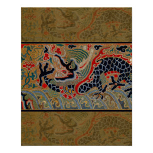 Antikes chinesisches Drachen-Seidenstickereimuster Poster