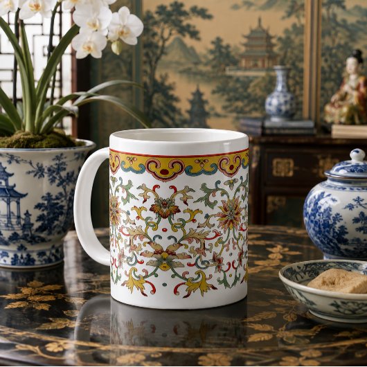 Antikes chinesisches florales Blattfriesmuster Kaffeetasse