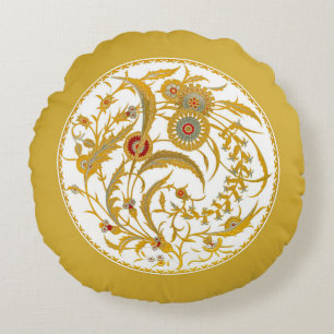 Antikes chinesisches Jacobean-Blumenmuster - Senfg Rundes Kissen