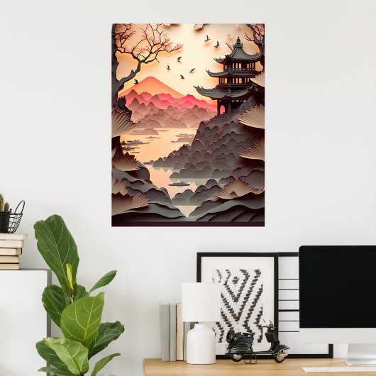 Antikes chinesisches Scenepapier geschnitten braun Poster (Heimbüro)