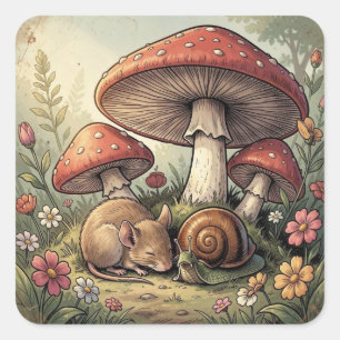 Antikes Cottage Core Pilze und Wildtiere Quadratischer Aufkleber