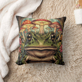 Antikes Cottagecore-Frosch, Schnecke und Pilze Kissen