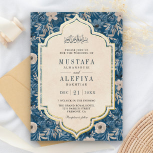 Antikes Creme Blaues Blumenmuster Muslimische Hoch Folieneinladung